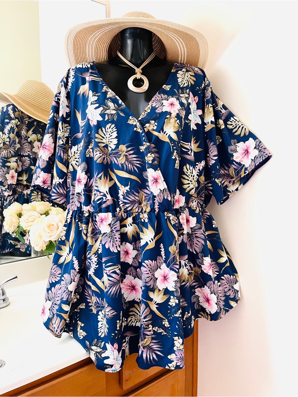 BLOOMCHIC Floral Plus Size Top 3X Blue Women’s Shirt Tunic Blouse Flowers Sz 26